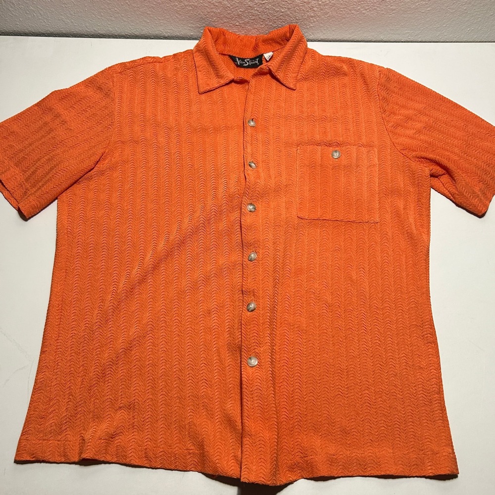 Vintage Alan Stuart Mens Large Orange Textured Chevron Button Down Shirt USA